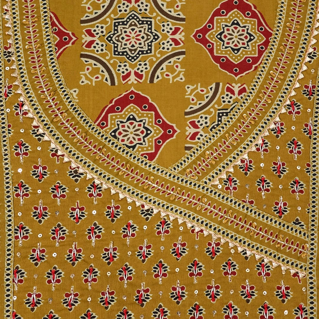 Golden Mustard Ajrakh Print Cotton Unstitched Suit Set