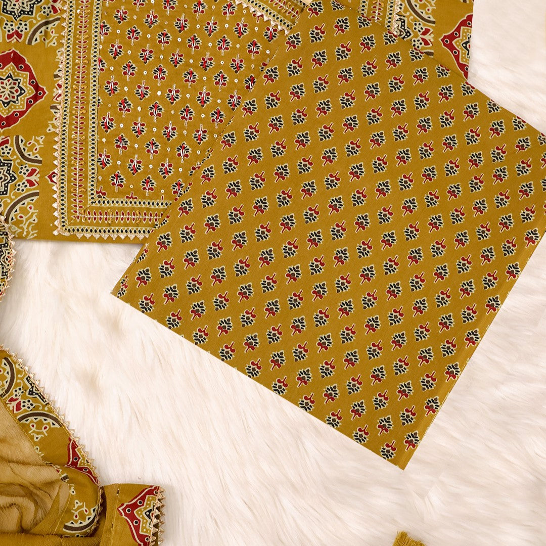 Golden Mustard Ajrakh Print Cotton Unstitched Suit Set