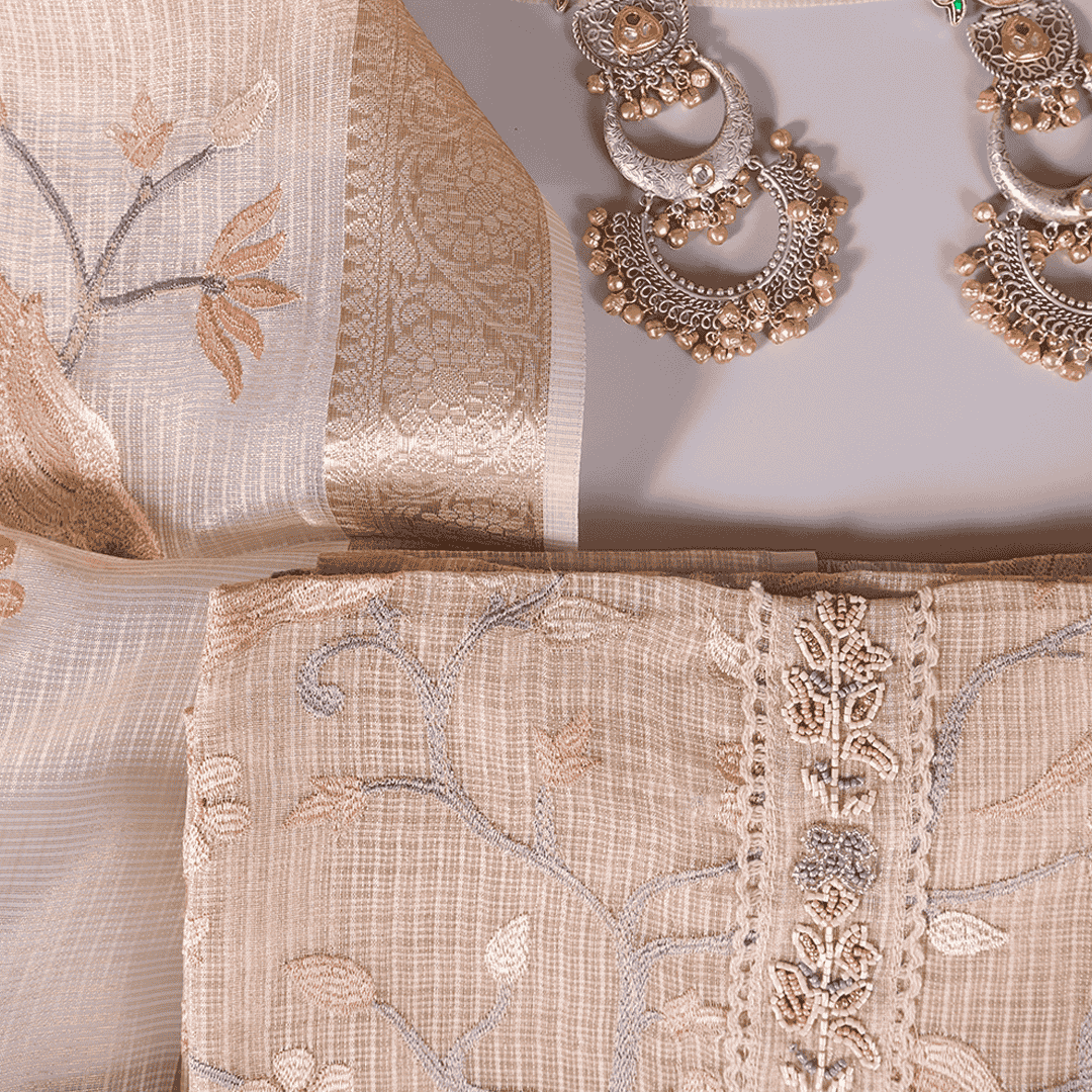 Golden Tissue Embroidered Unstitched Suit Set
