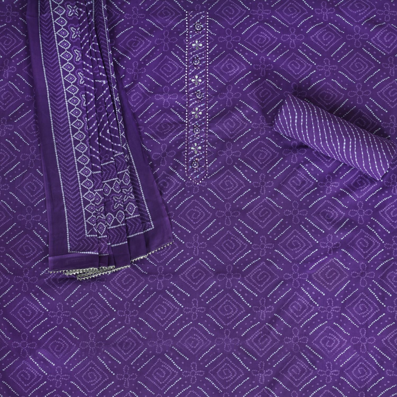 Grape Purple Bandhani Cotton Unstitched Salwar Suit