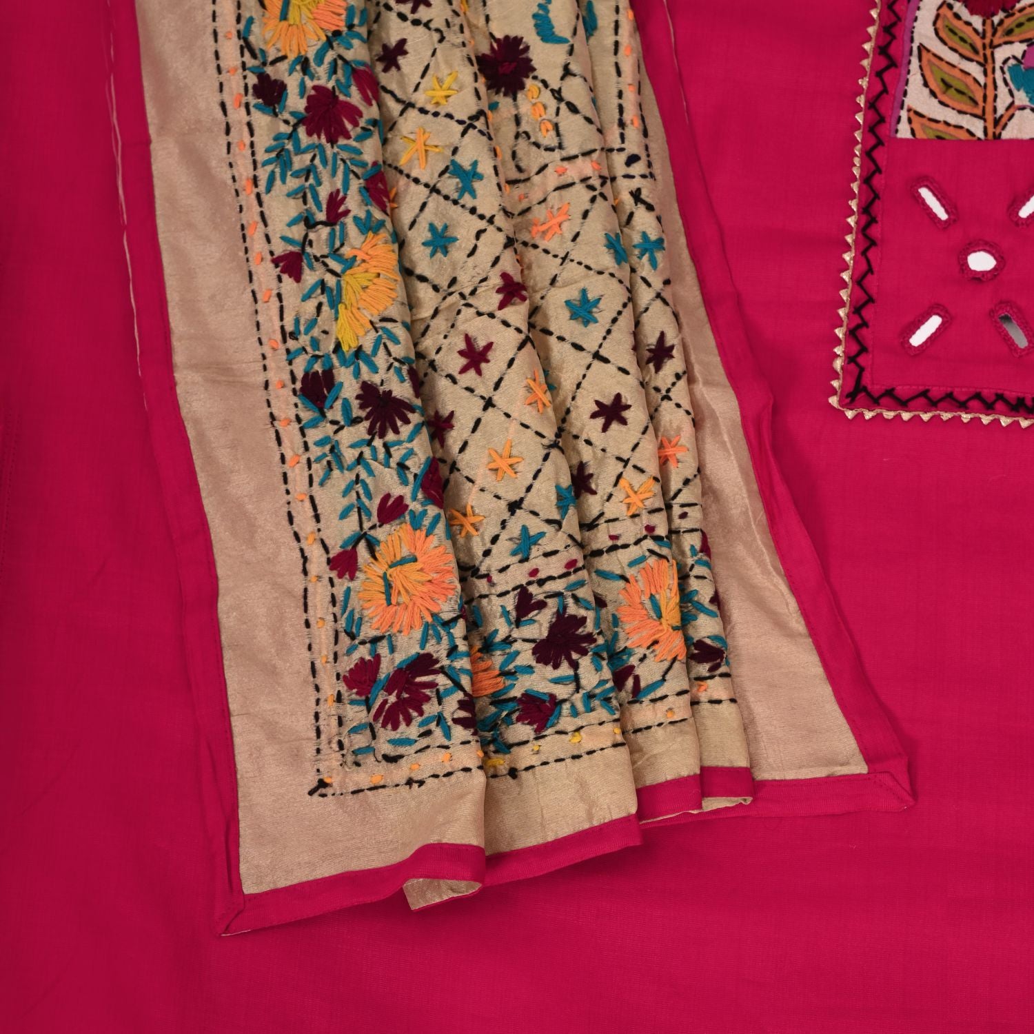 Gulabi Pink Phulkari Dupatta Cotton Unstitched Salwar Suit