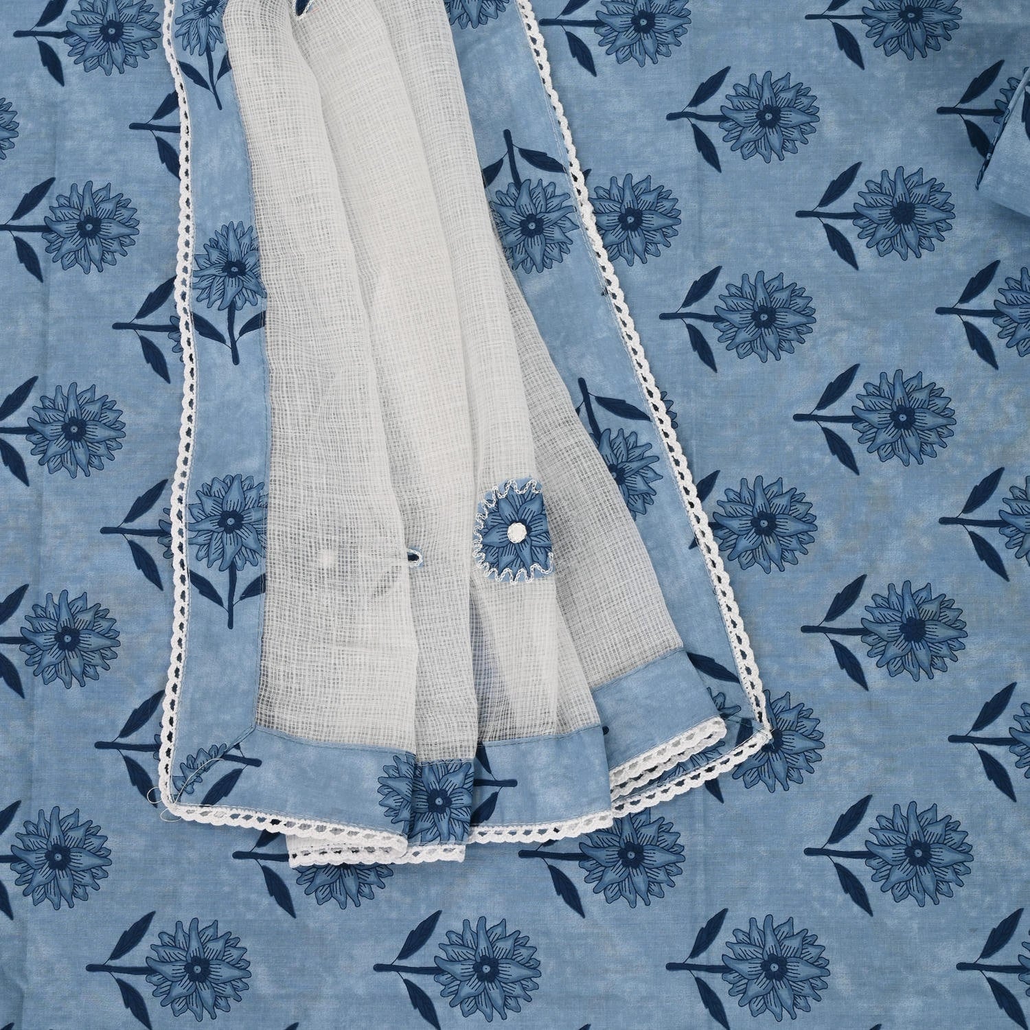 Indigo Blue Bagru Cotton Unstitched Suit Set