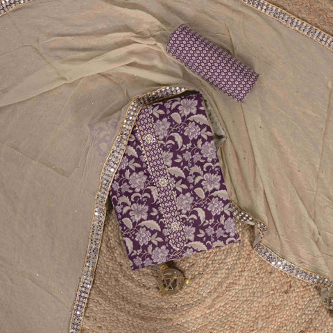 Iris Purple Kalamkari Print Cotton Unstitched Suit Set