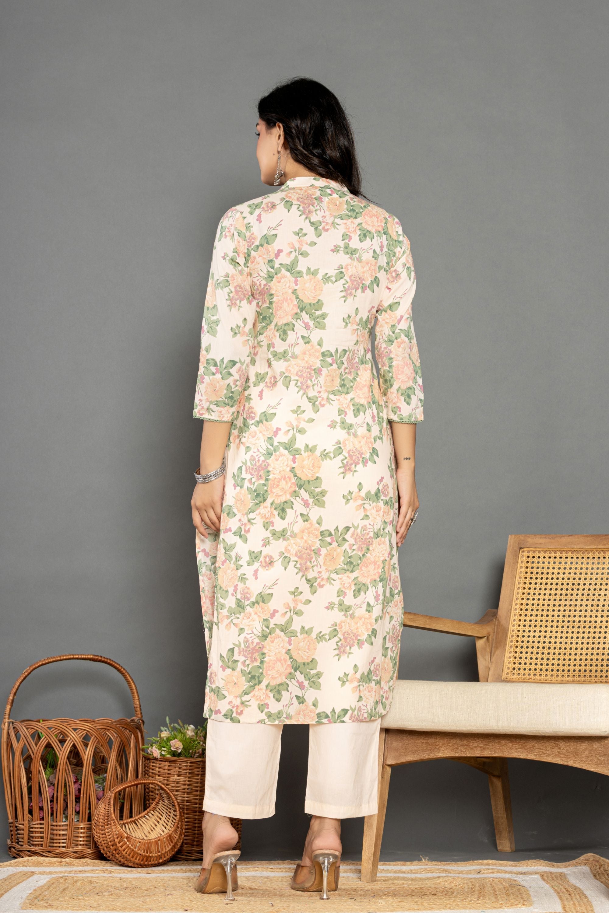 Ivory Floral Straight Angrakh Suit Set