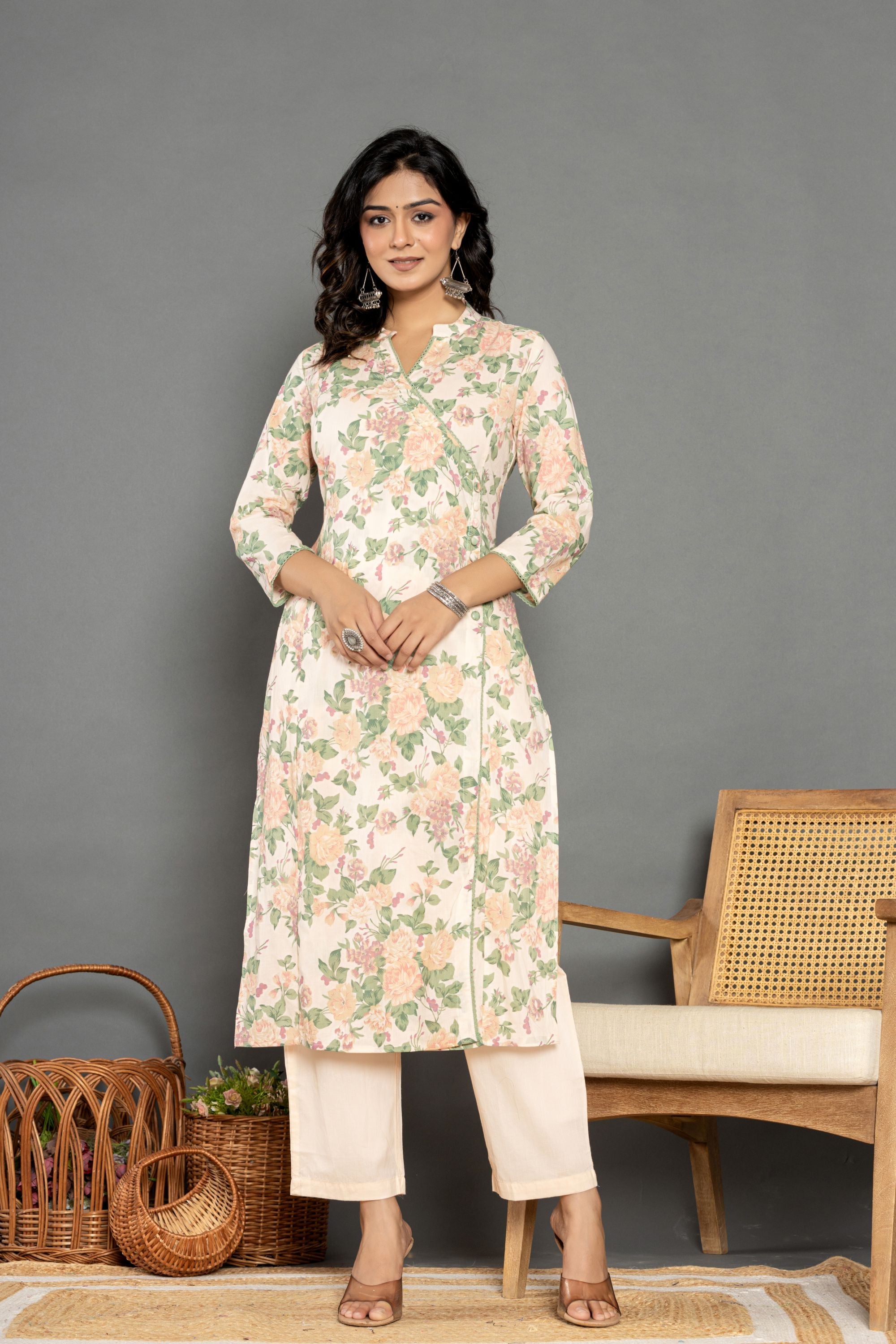 Ivory Floral Straight Angrakh Suit Set