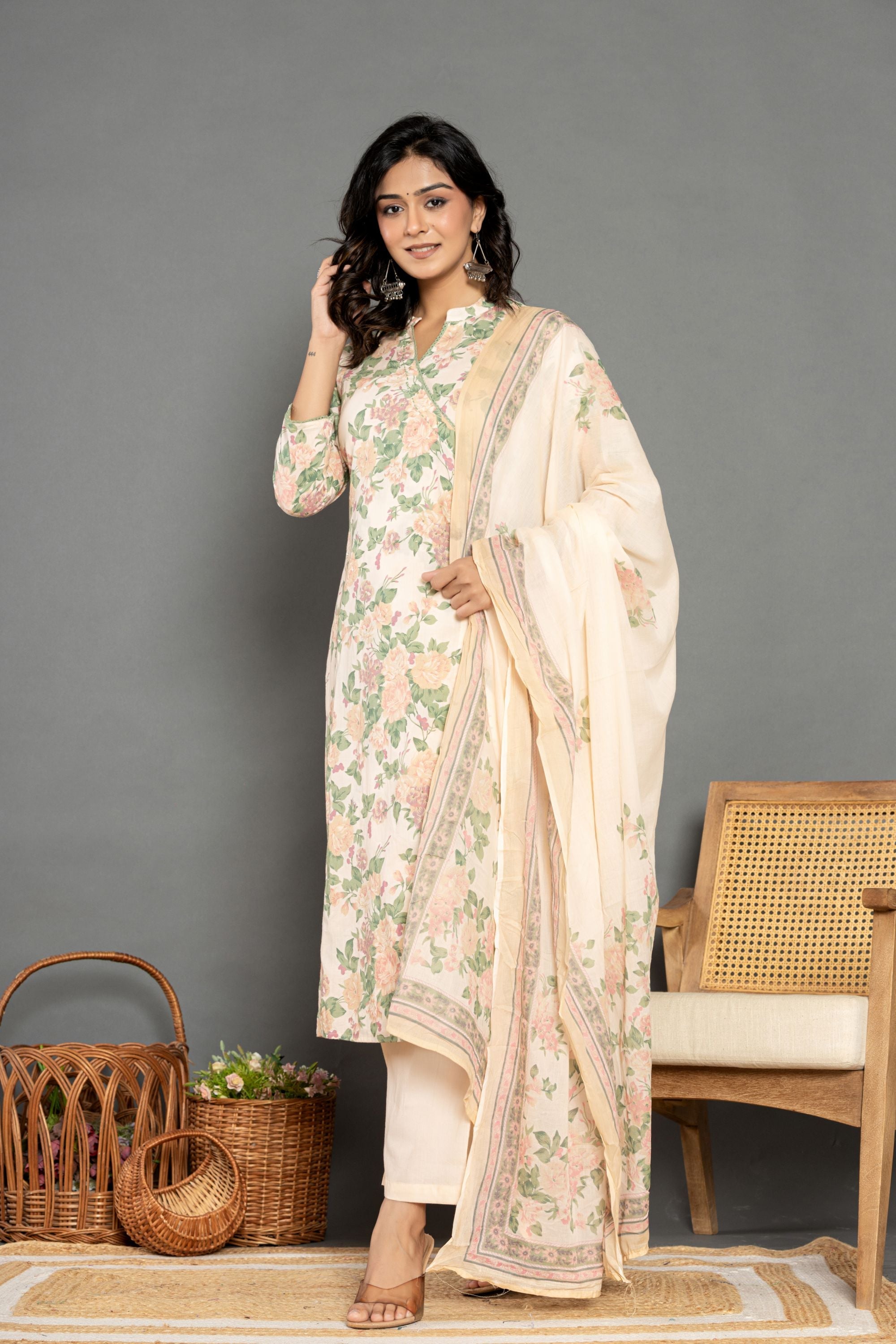 Ivory Floral Straight Angrakh Suit Set