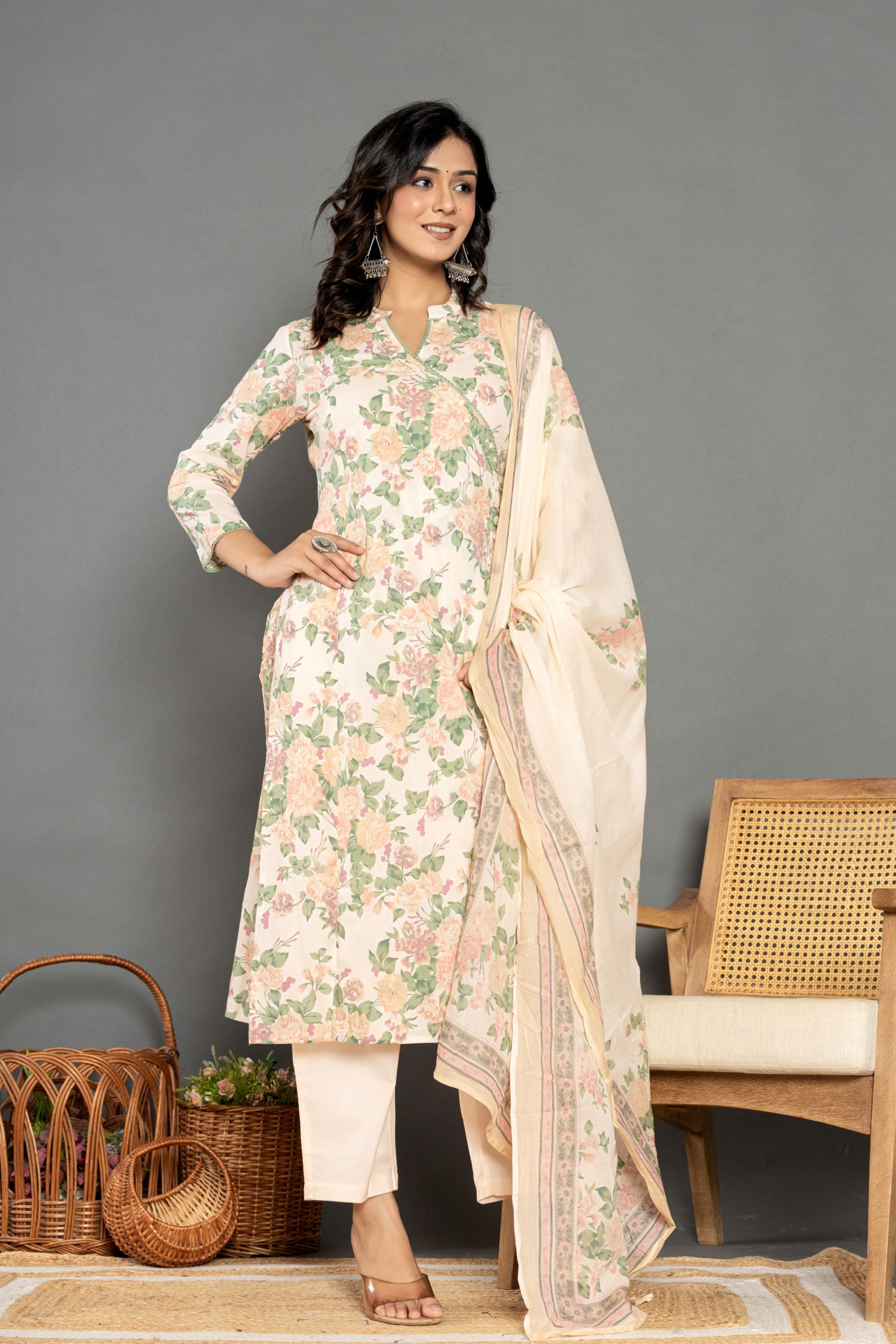 Ivory Floral Straight Angrakh Suit Set