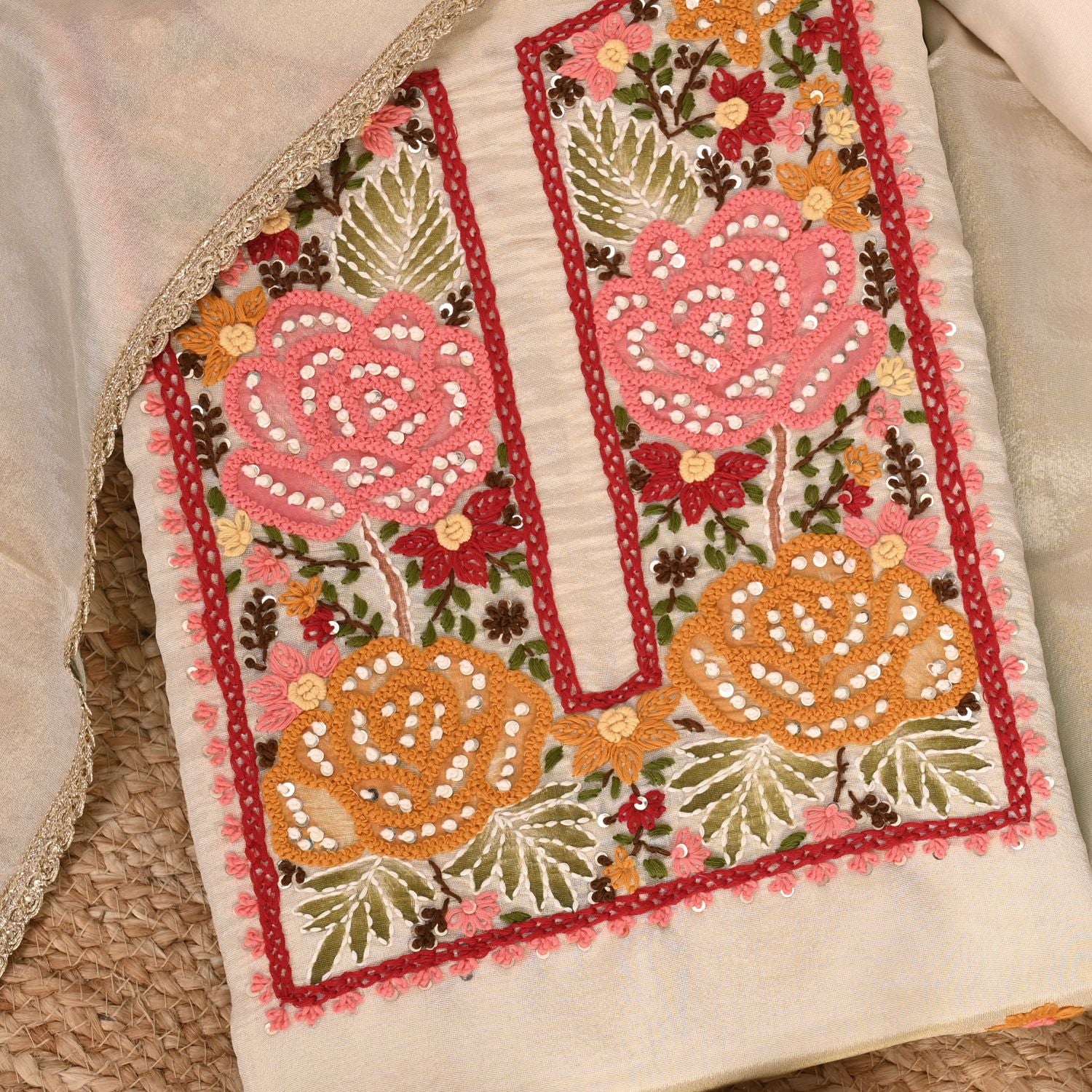 Ivory Tissue Sutt Work Cotton Unstitched Salwar Suit