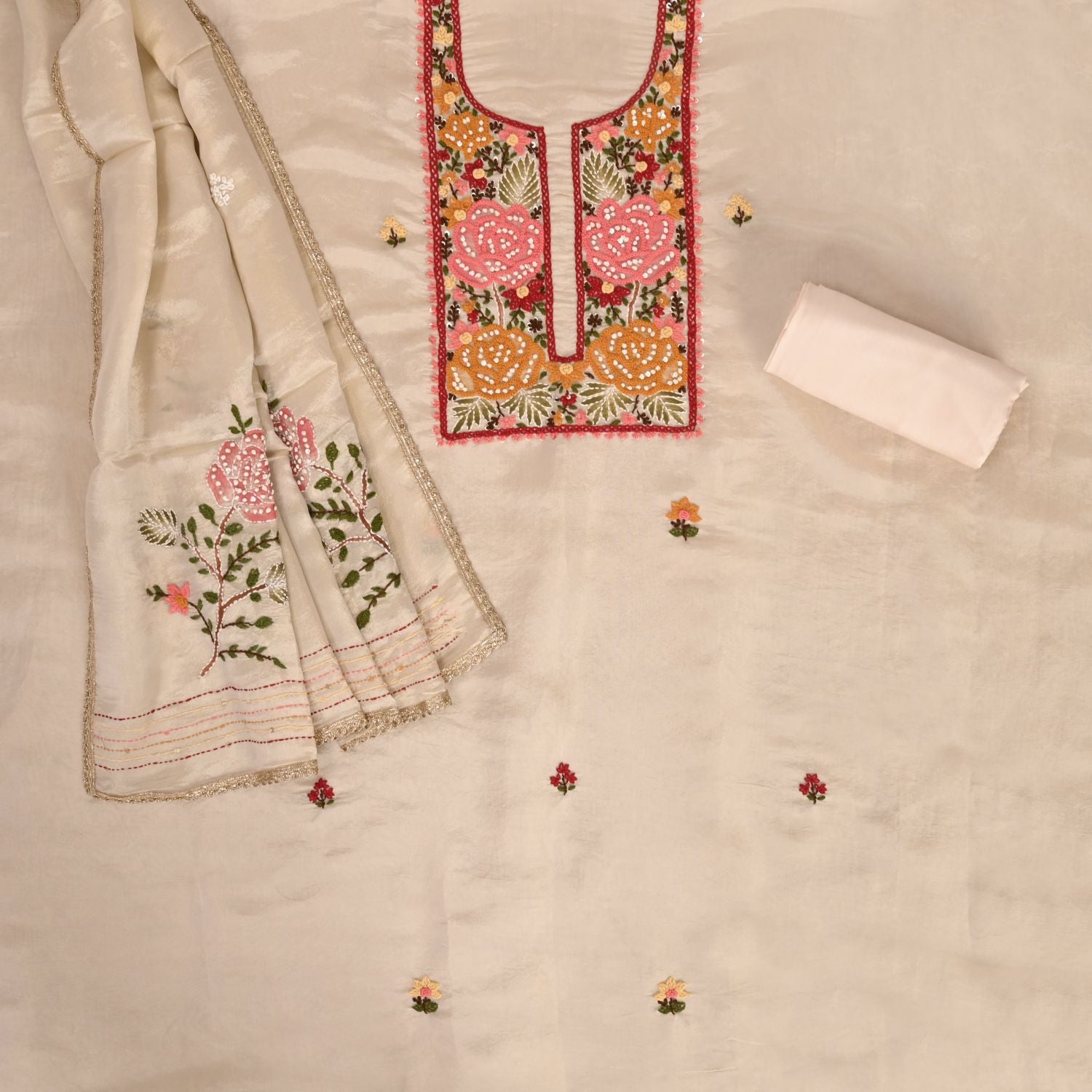 Ivory Tissue Sutt Work Cotton Unstitched Salwar Suit