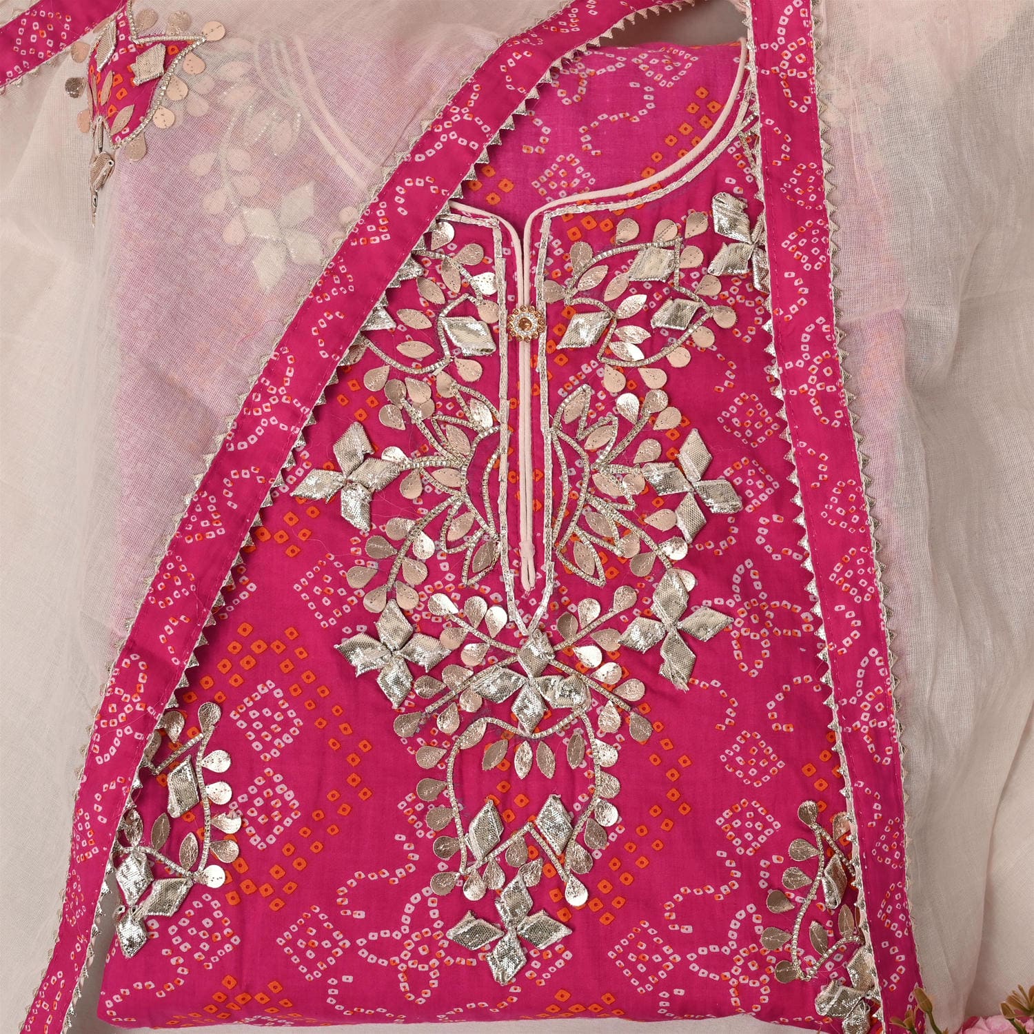 Jaipuri Bhandej GotaPatti Cotton Unstitched Suit Set