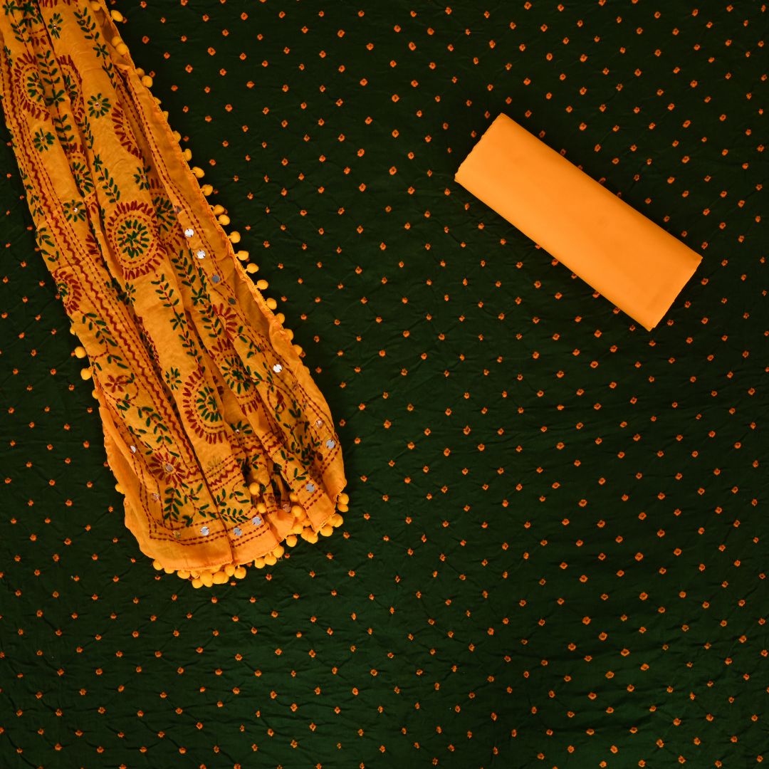 Jaipuri Green Bandhani Phulkari Cotton Unstitched Salwar Suit