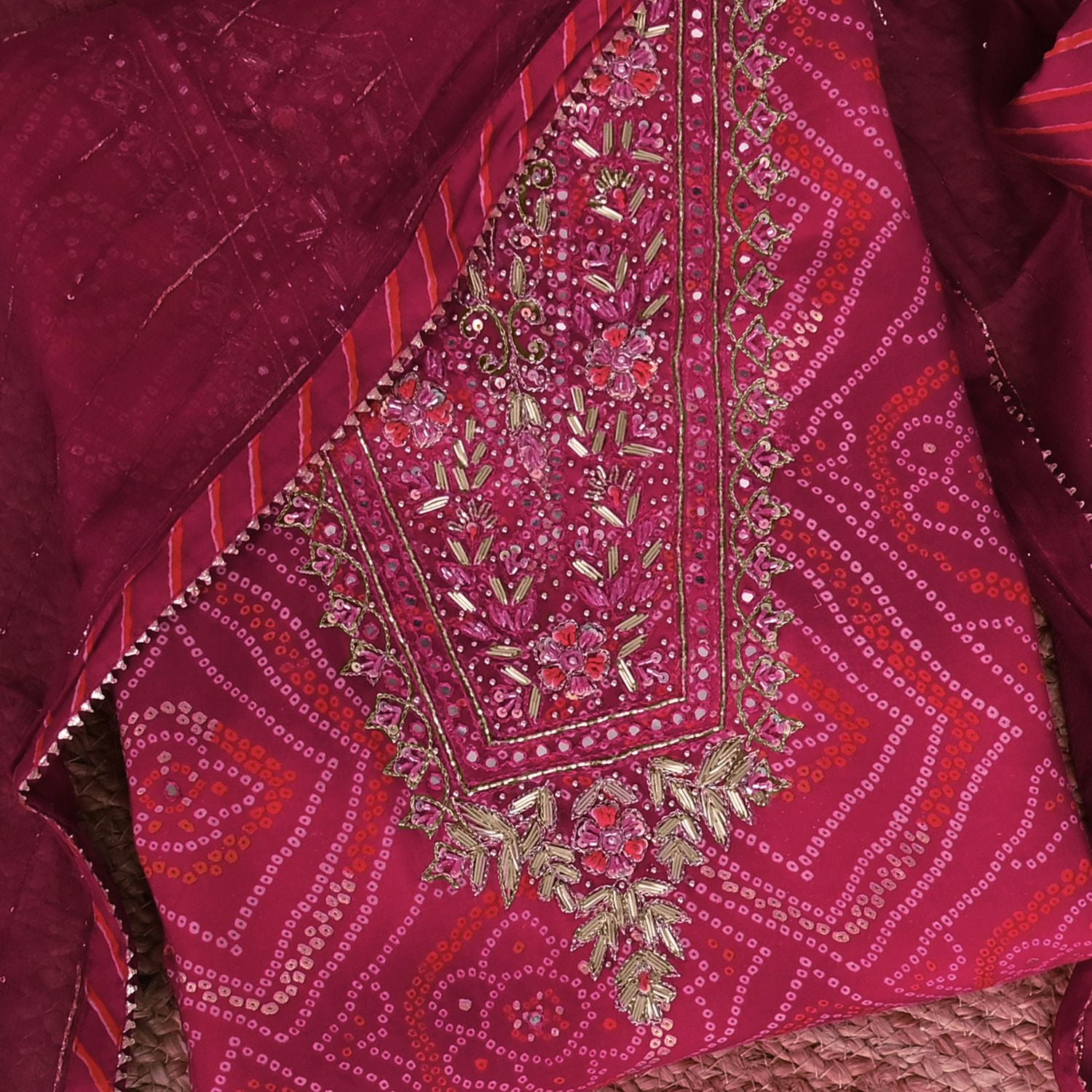 Jaipuri Rani Bandhani Silk Unstitched Salwar Suit