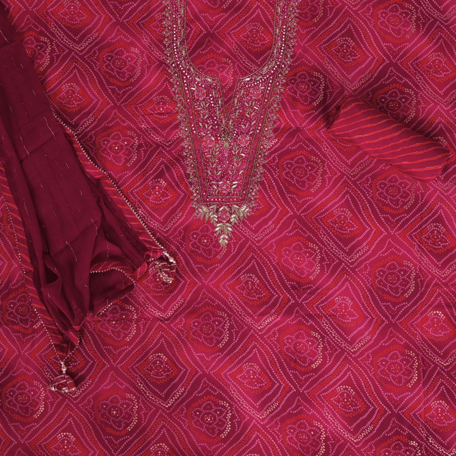 Jaipuri Rani Bandhani Silk Unstitched Salwar Suit
