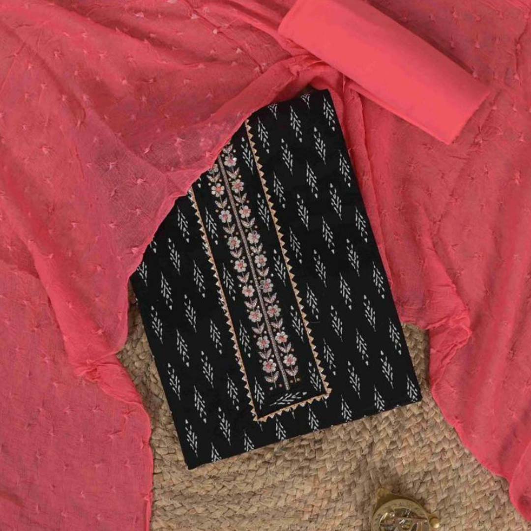 Jet Black Block Printed Unstitched Cotton Jaipuri Suit Set With Chiffon Dupatta
