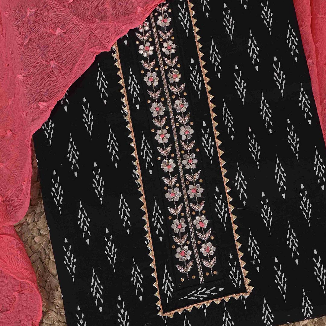 Jet Black Block Printed Unstitched Cotton Jaipuri Suit Set With Chiffon Dupatta