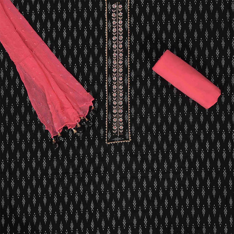 Jet Black Block Printed Unstitched Cotton Jaipuri Suit Set With Chiffon Dupatta