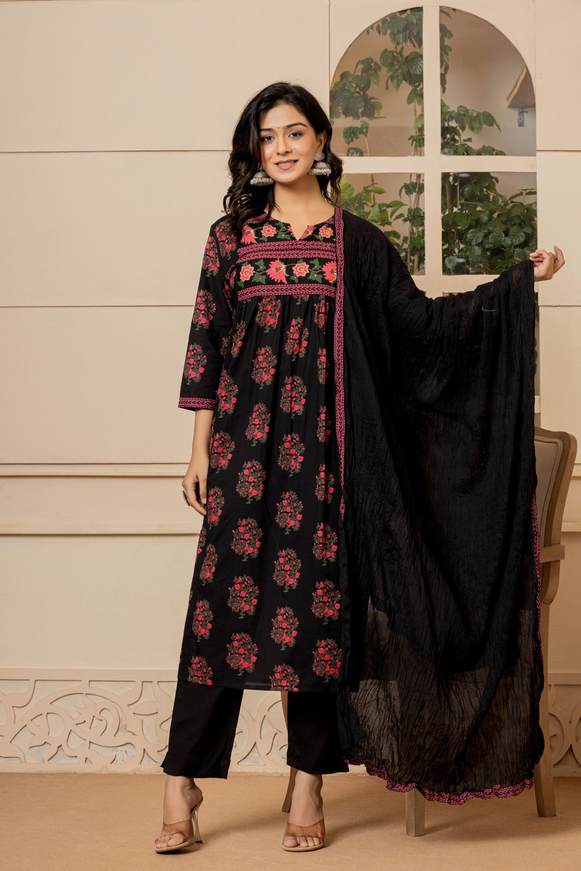 Jet Black Mughal Cotton Suit Set