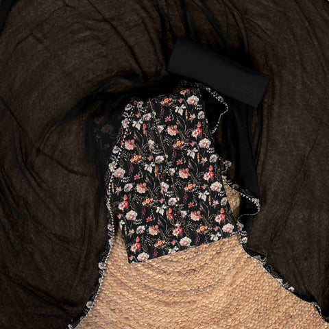 Jet Black Pichwai Print Linen Unstitched Suit Set