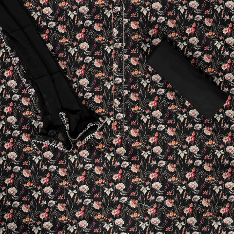 Jet Black Pichwai Print Linen Unstitched Suit Set