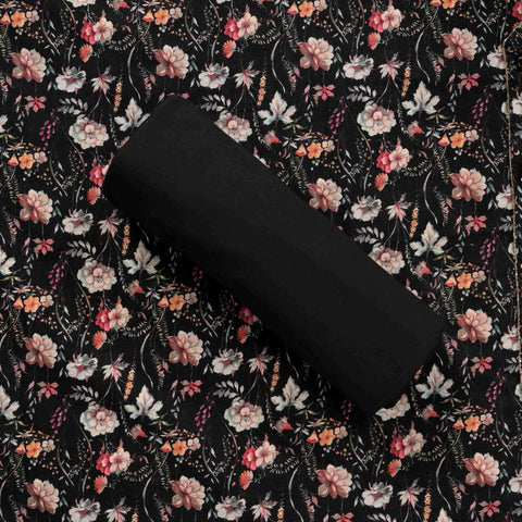 Jet Black Pichwai Print Linen Unstitched Suit Set