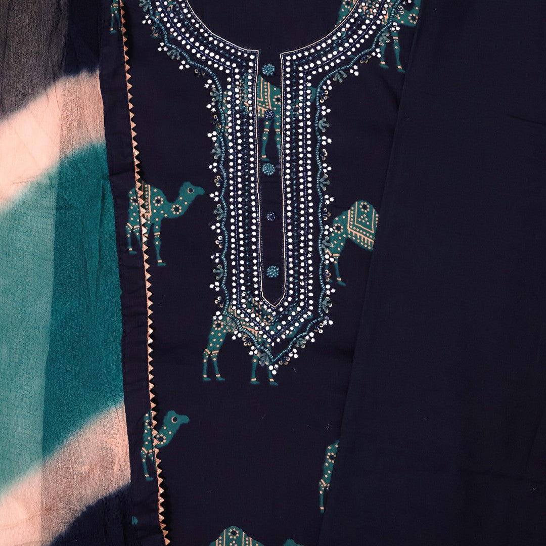 Juniper Blue Rajasthani Cotton Unstitched Suit Set