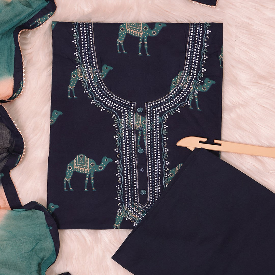 Juniper Blue Rajasthani Cotton Unstitched Suit Set