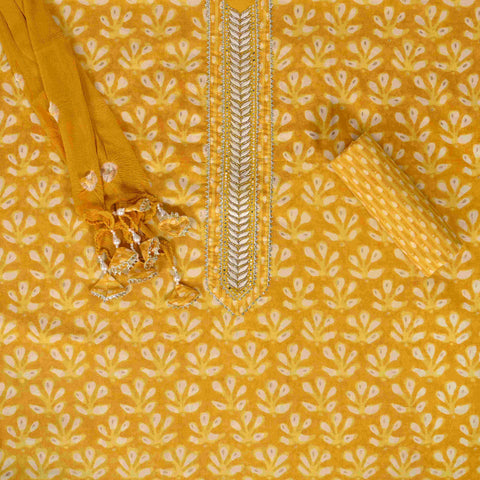 Mustard Yellow Butti Cotton Unstitched Suit Set