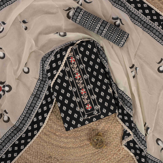 Black Bagru Printed Cotton Suit Set with Organza Dupatta