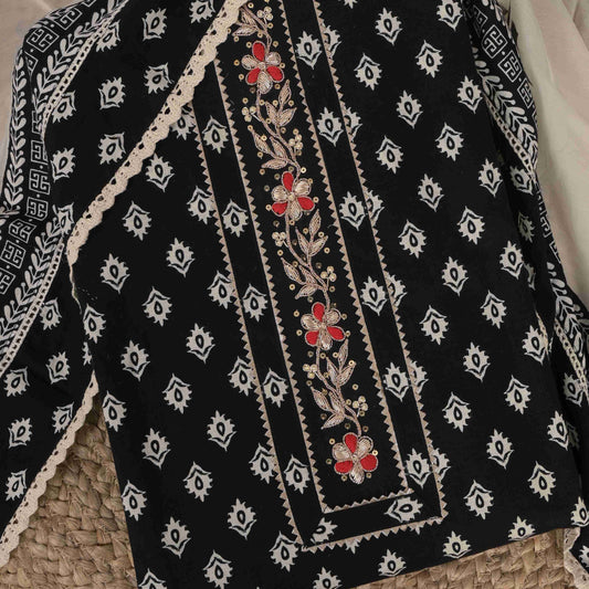 Black Bagru Printed Cotton Suit Set with Organza Dupatta