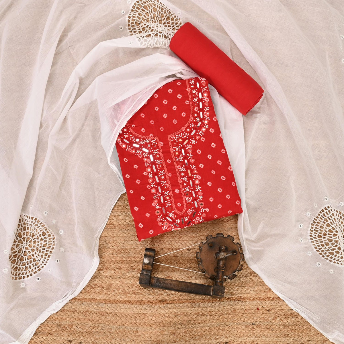 Apple Red Hand Bhandej Cotton Suit Set
