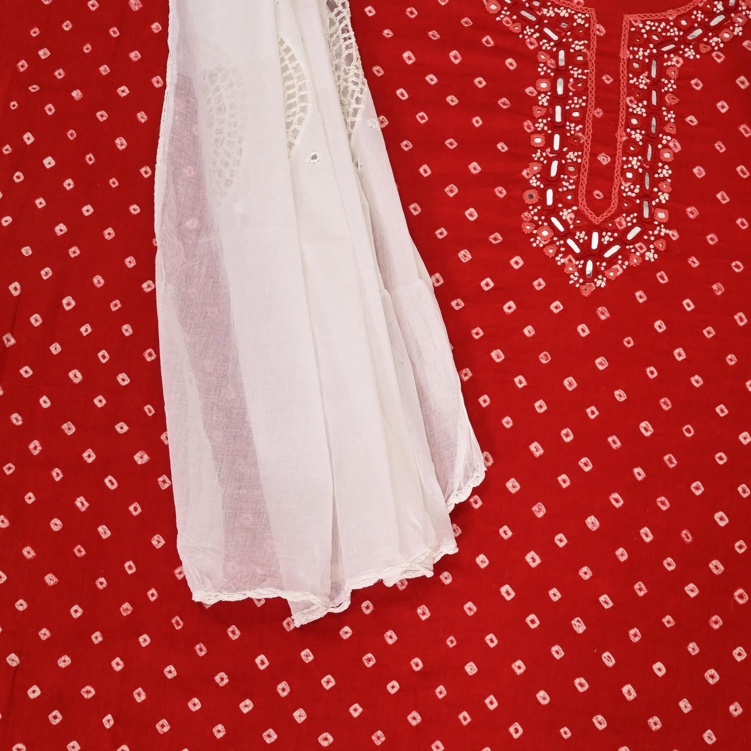 Apple Red Hand Bhandej Cotton Suit Set