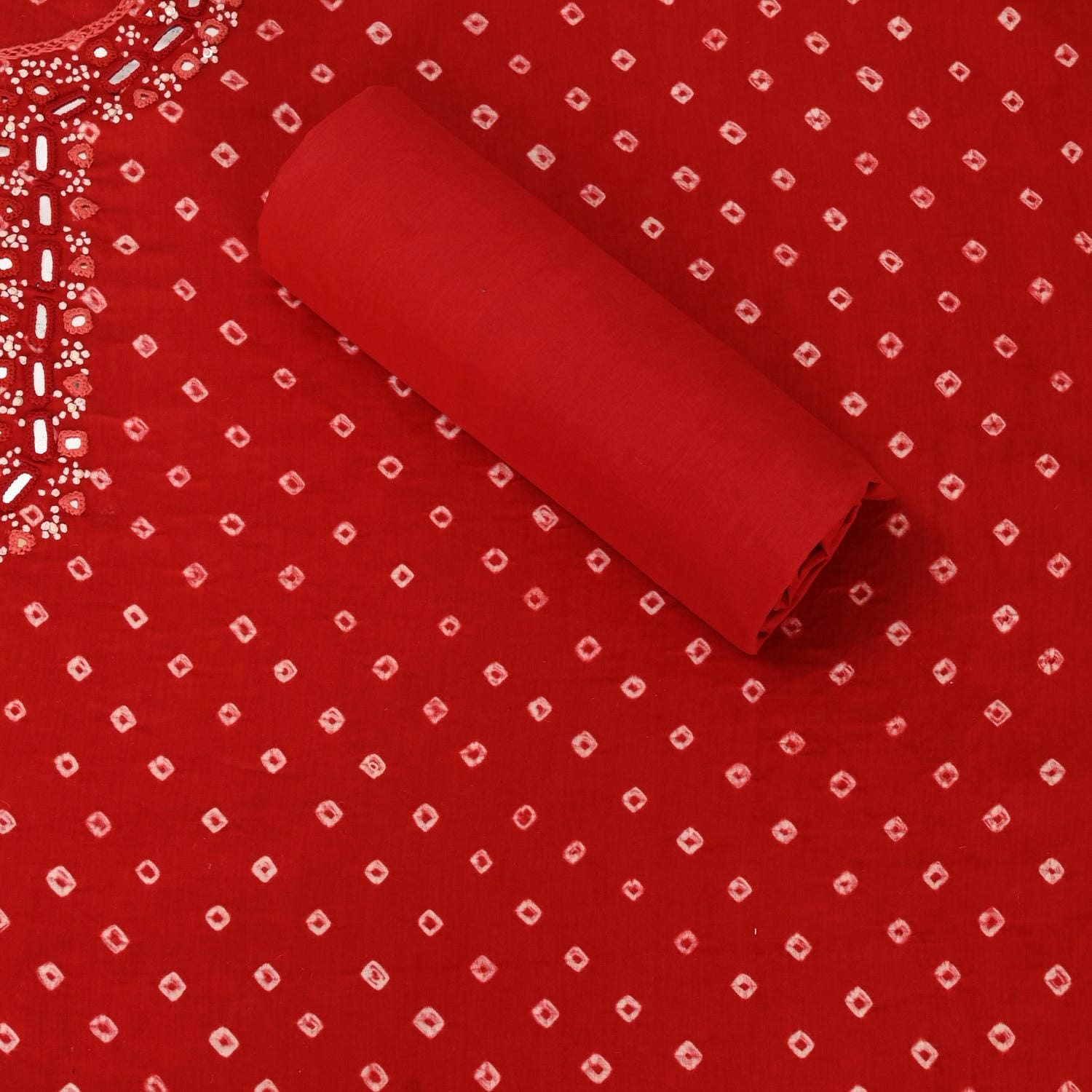 Apple Red Hand Bhandej Cotton Suit Set