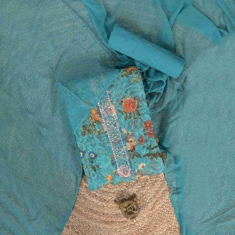 Curalean Green Hand Painted Doriya Unstitched Suit Set