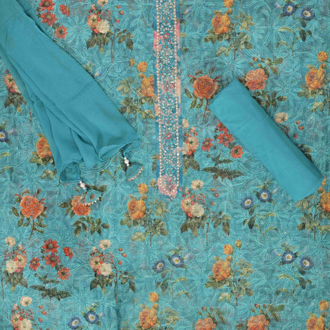 Curalean Green Hand Painted Doriya Unstitched Suit Set
