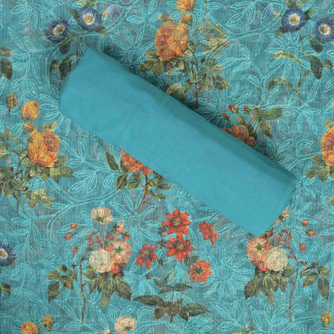 Curalean Green Hand Painted Doriya Unstitched Suit Set