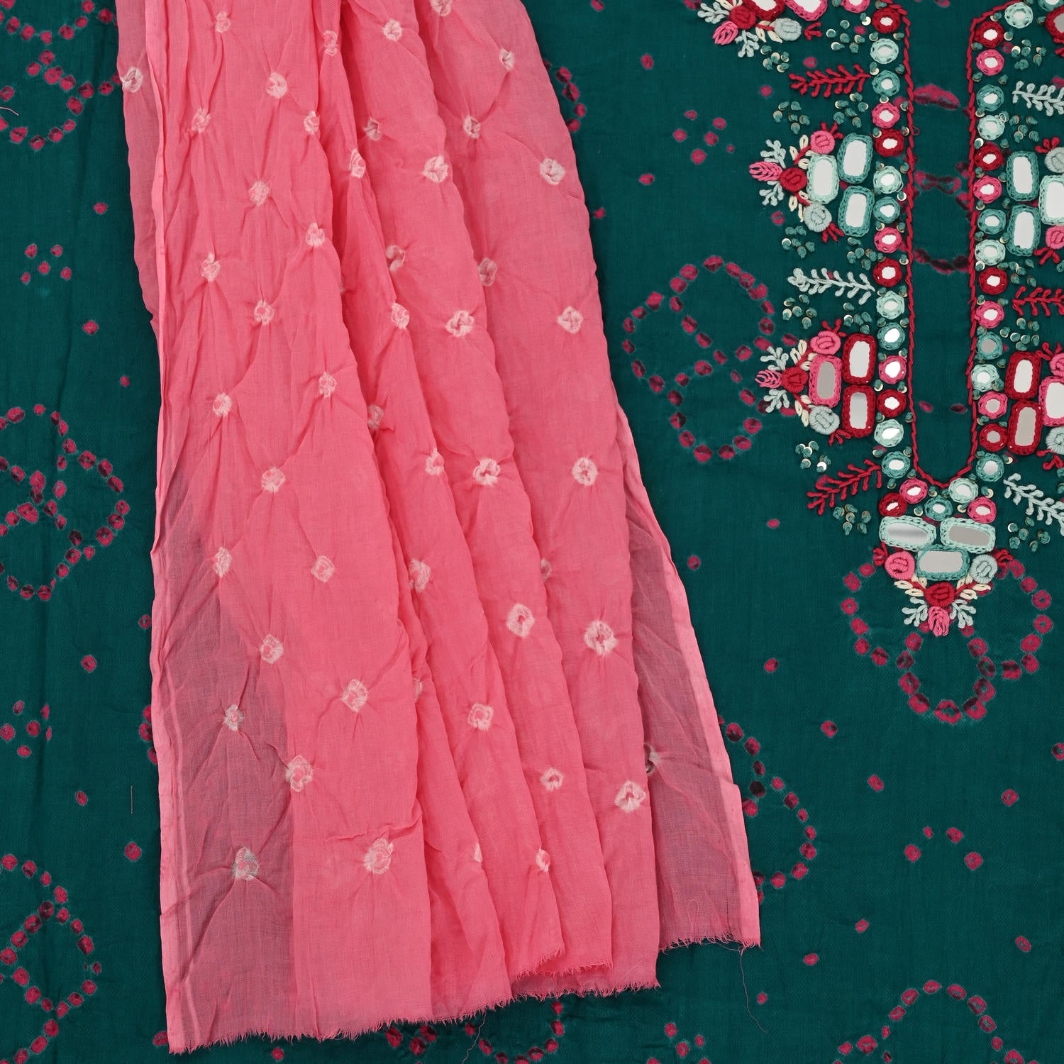 Rarest Green Bhandej Cotton Unstitched Suit Set