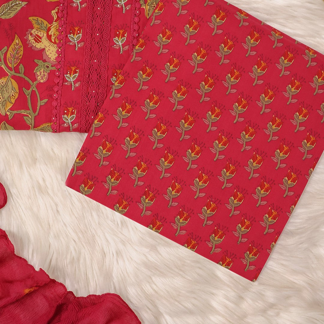 Kalamkari Print Cotton Unstitched Suit Set