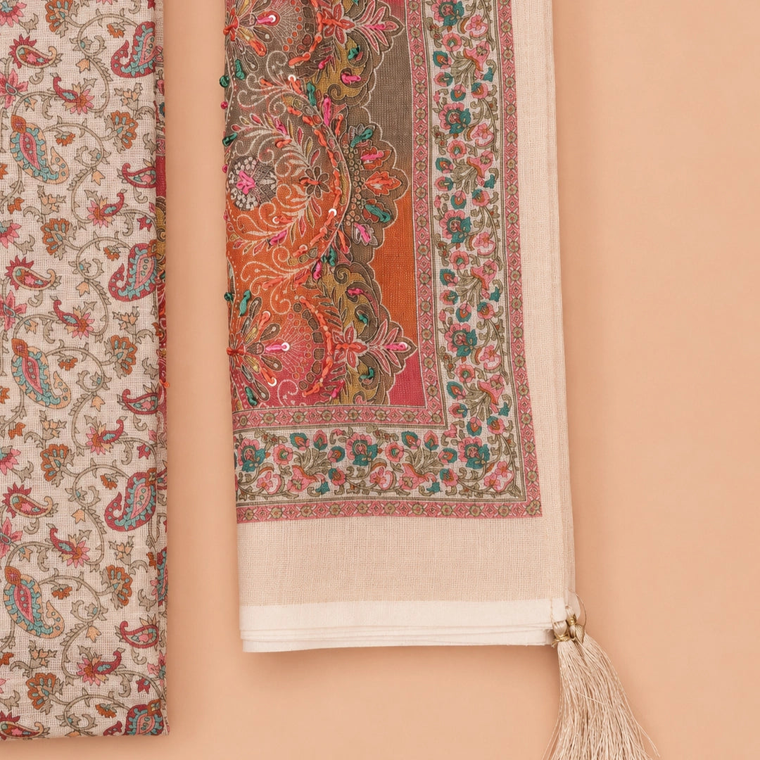 Kalamkari Print Linen Unstitched Suit Set