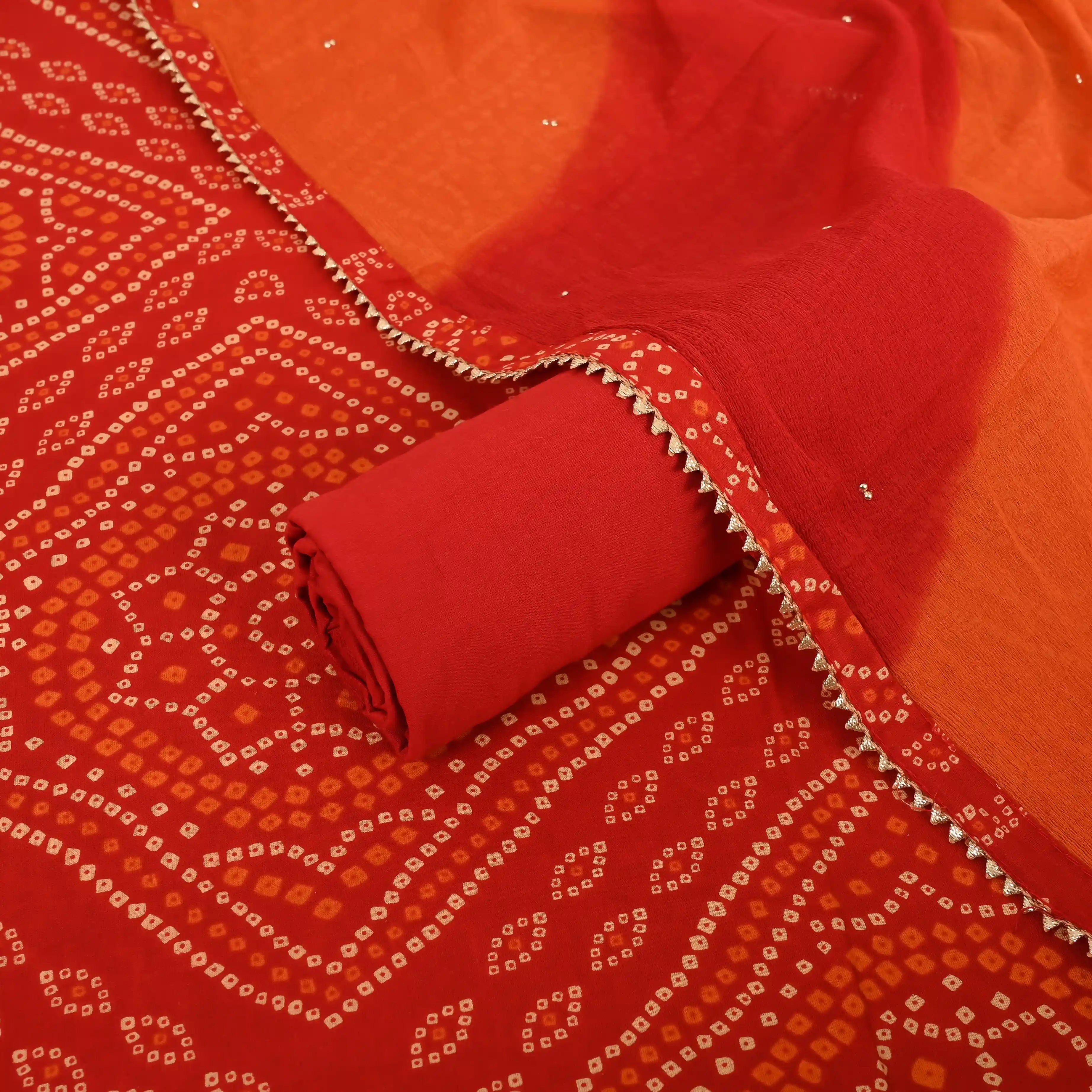 Karwachauth Special Bhandej Cotton Unstitched Suit Set