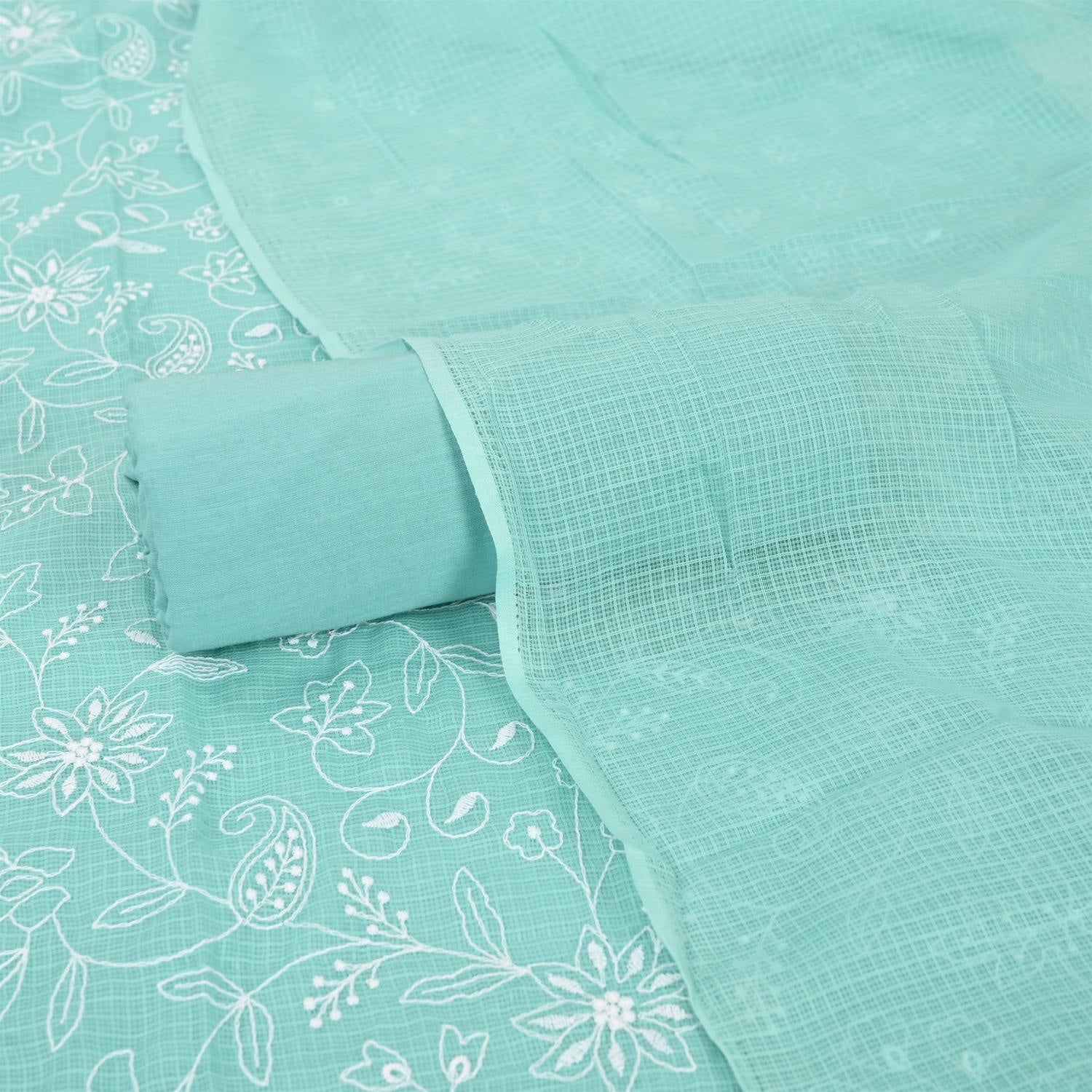 Sea Green Kota Doriya Embroidered Unstitched Suit Set