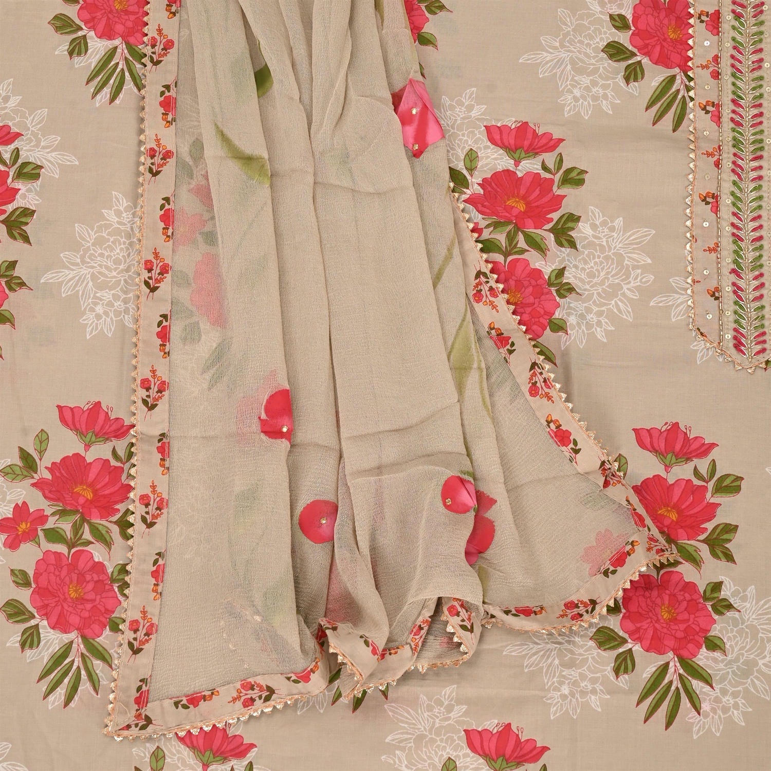 Latte Cream Floral Cotton Unstitched Suit Set