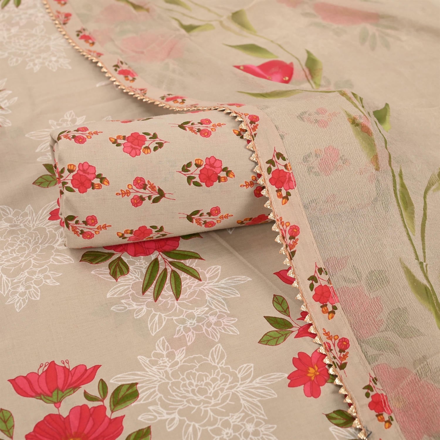 Latte Cream Floral Cotton Unstitched Suit Set