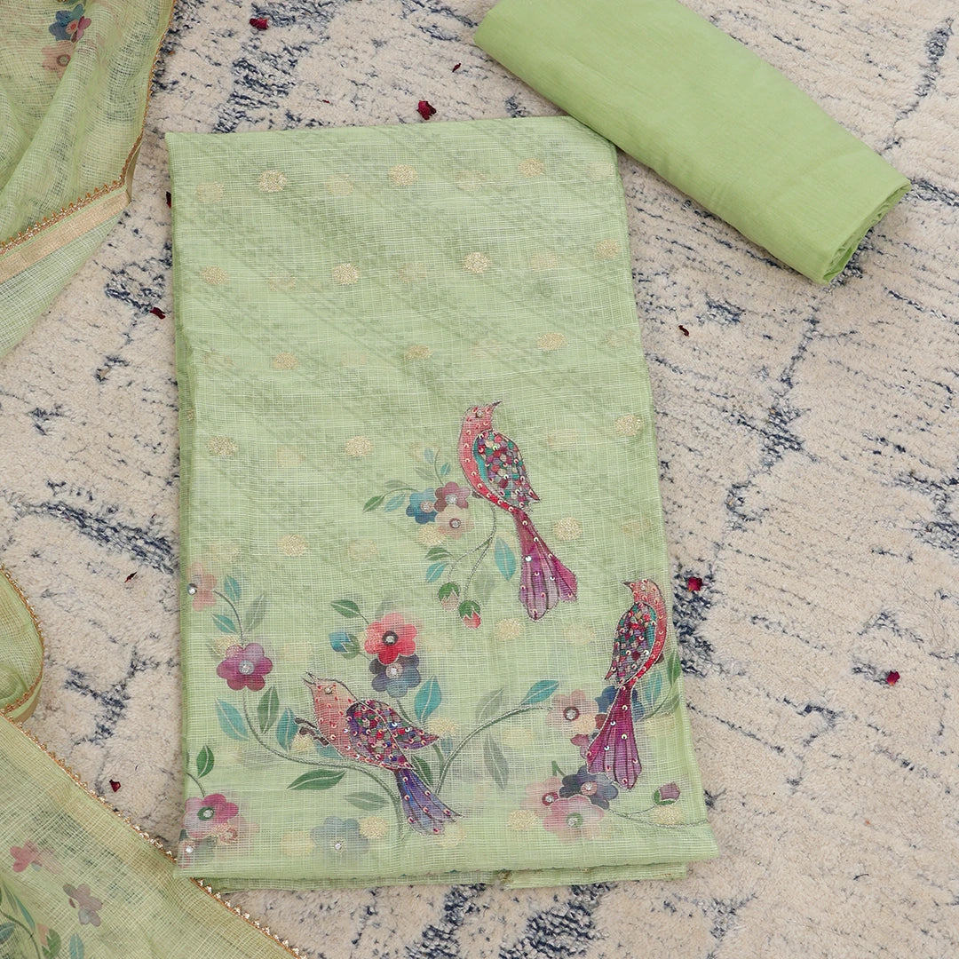 Laurel Green Kota Doriya Unstitched Suit Set
