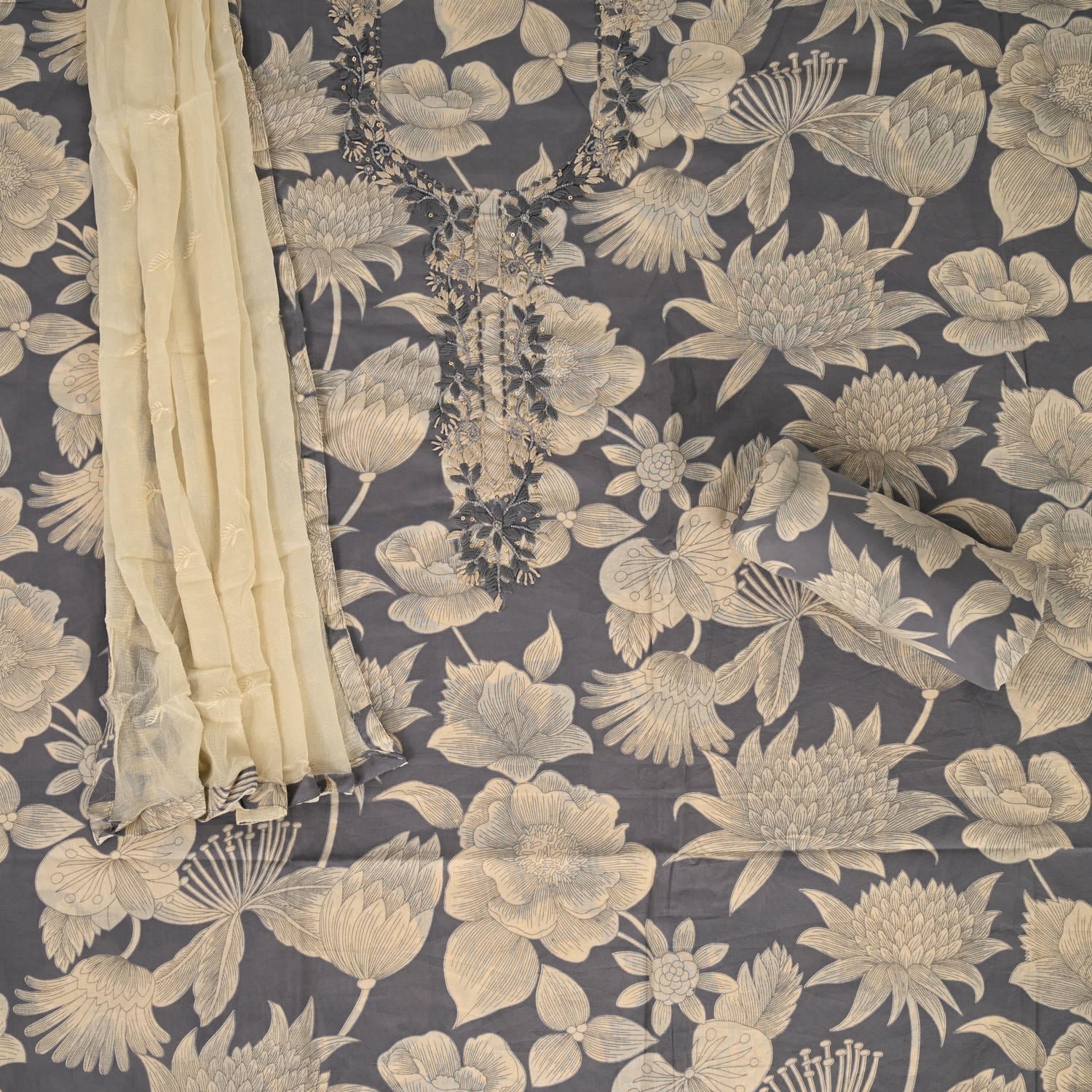 Lava Grey Floral Cotton Unstitched Suit Ste