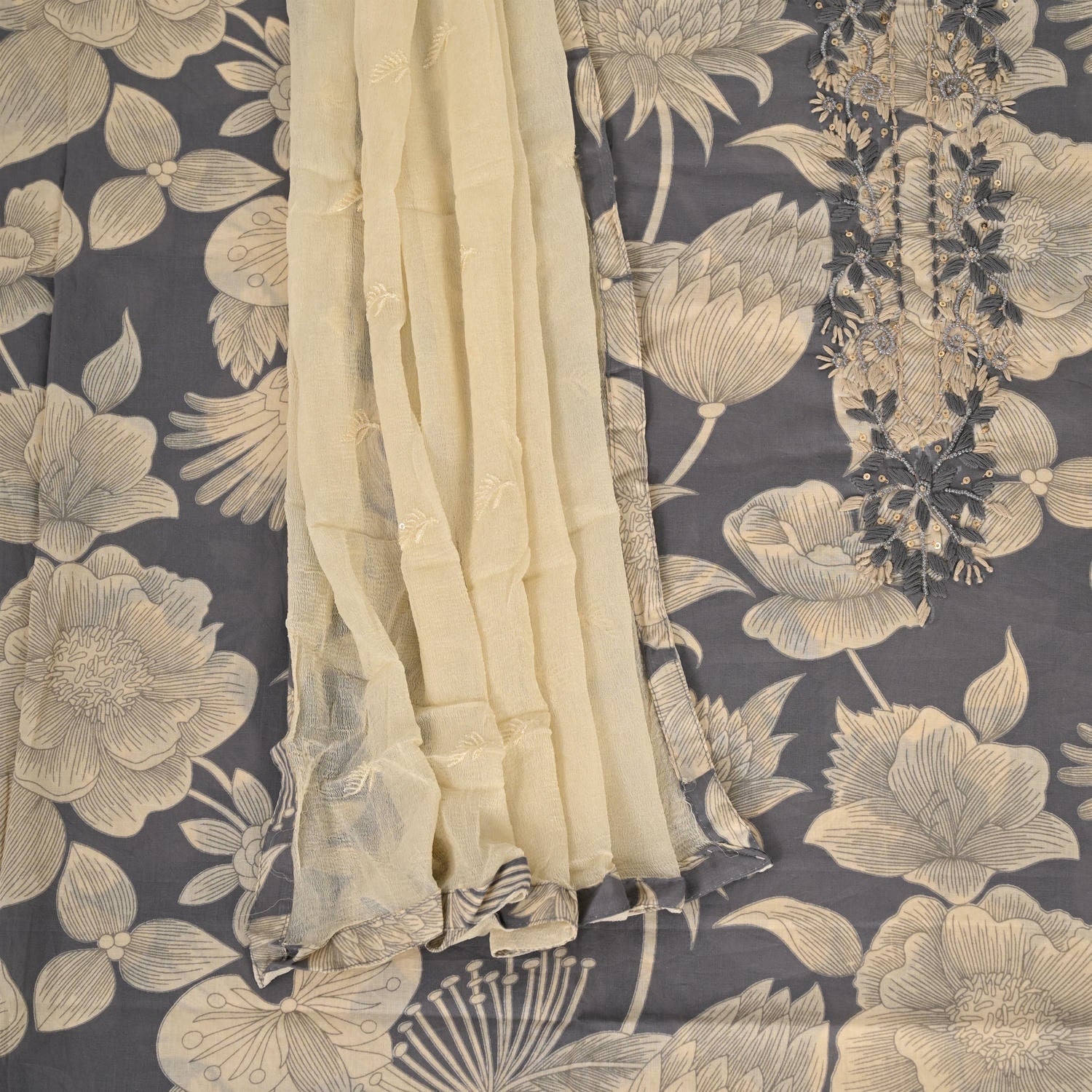 Lava Grey Floral Cotton Unstitched Suit Ste