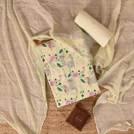 Lemon Yellow Pichwai Print Cotton Suit Set
