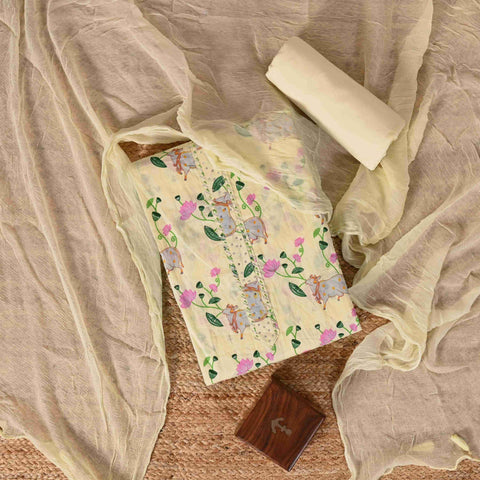 Lemon Yellow Pichwai Print Cotton Suit Set