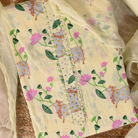 Lemon Yellow Pichwai Print Cotton Suit Set