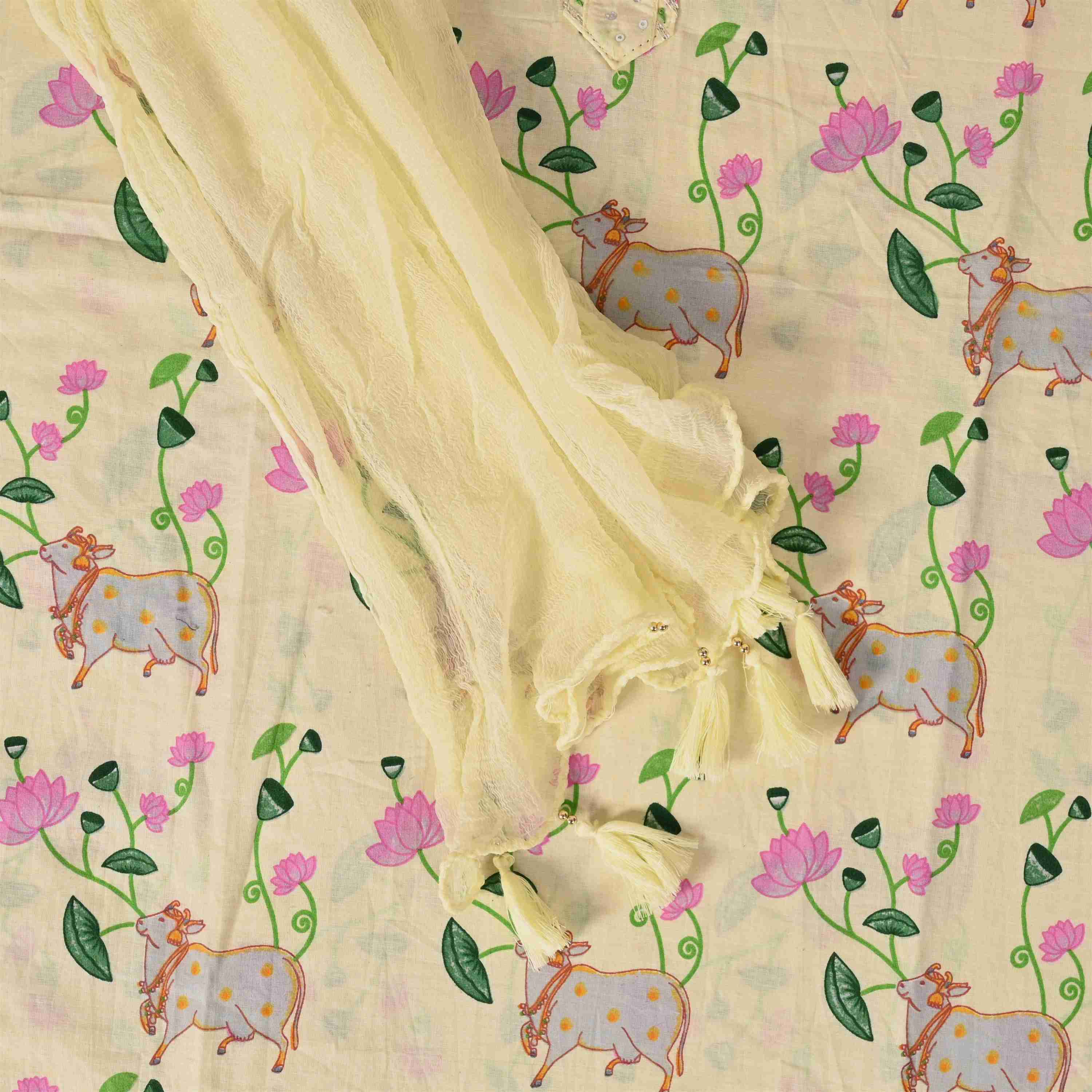 Lemon Yellow Pichwai Print Cotton Unstitched Salwar Suit