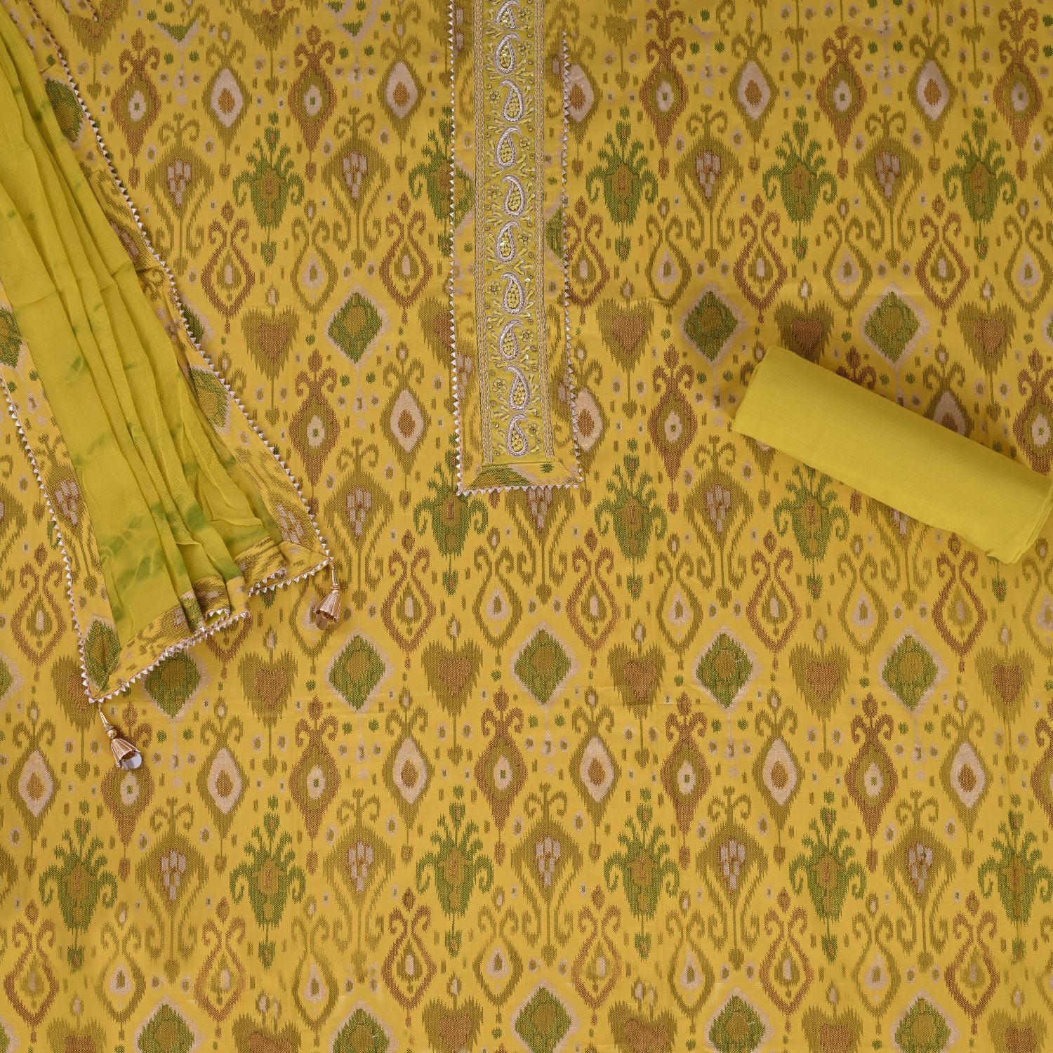 Lime Green Ikhat Cotton Unstitched Salwar Suit